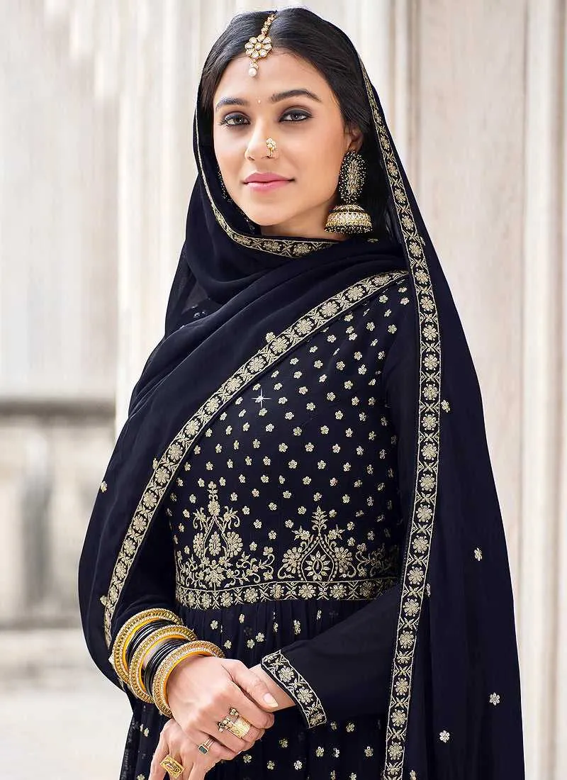 Blue and Gold Heavy Embroidered Palazzo Style Suit