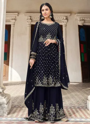 Blue and Gold Heavy Embroidered Palazzo Style Suit