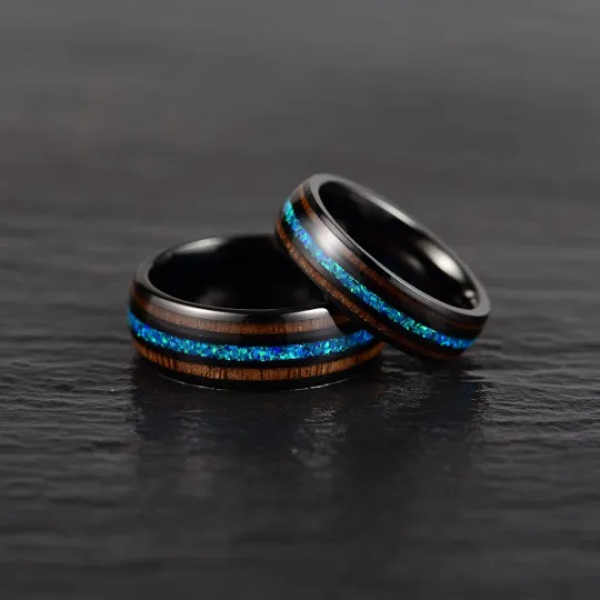Blue Fire Ring - Black Tungsten Koa Wood Blue Opal Men's Wedding Band 8MM