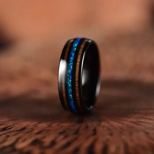 Blue Fire Ring - Black Tungsten Koa Wood Blue Opal Men's Wedding Band 8MM