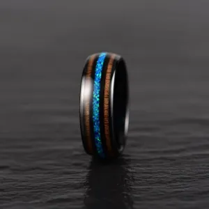 Blue Fire Ring - Black Tungsten Koa Wood Blue Opal Men's Wedding Band 8MM