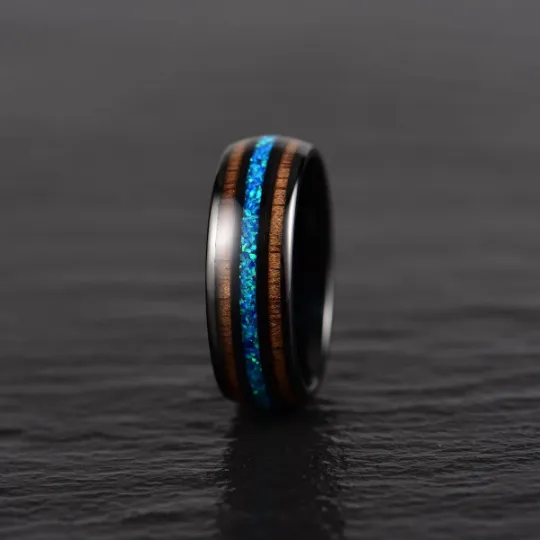 Blue Fire Ring - Black Tungsten Koa Wood Blue Opal Men's Wedding Band 8MM