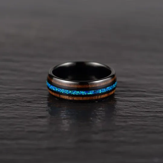 Blue Fire Ring - Black Tungsten Koa Wood Blue Opal Men's Wedding Band 8MM