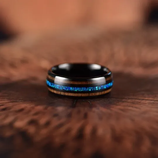 Blue Fire Ring - Black Tungsten Koa Wood Blue Opal Men's Wedding Band 8MM