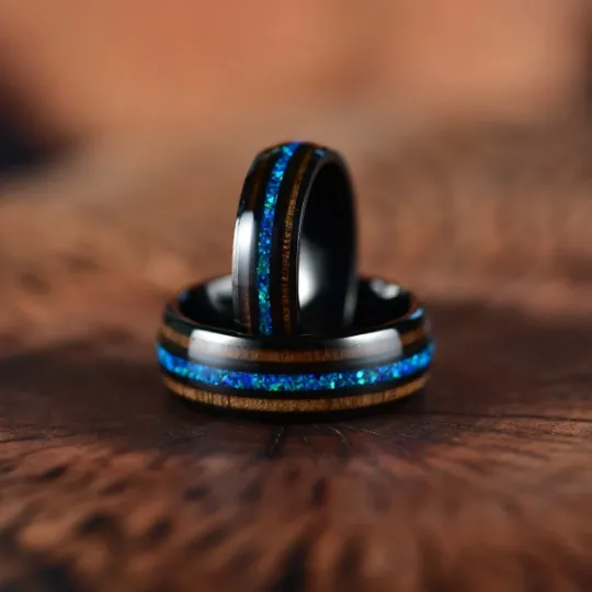 Blue Fire Ring - Black Tungsten Koa Wood Blue Opal Men's Wedding Band 8MM