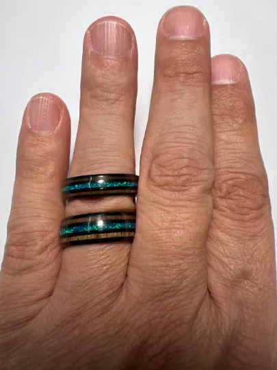 Blue Fire Ring - Black Tungsten Koa Wood Blue Opal Men's Wedding Band 8MM