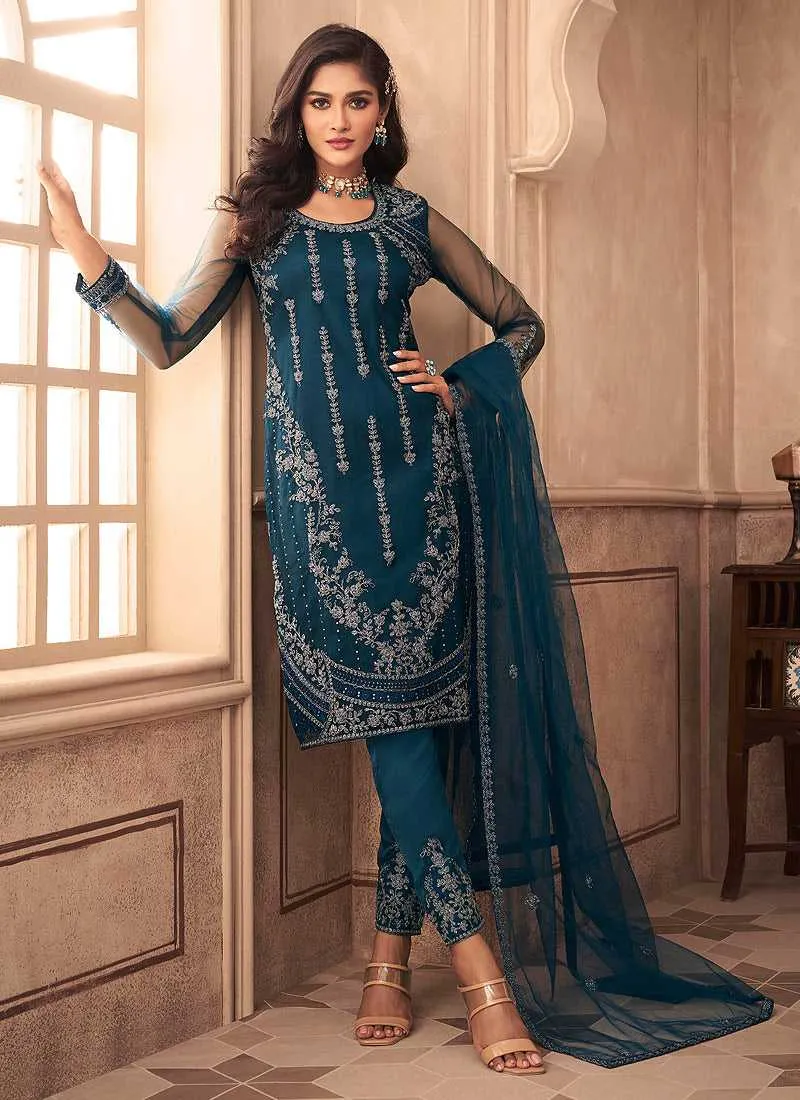 Blue Floral Embroidered Designer Pant Style Suit