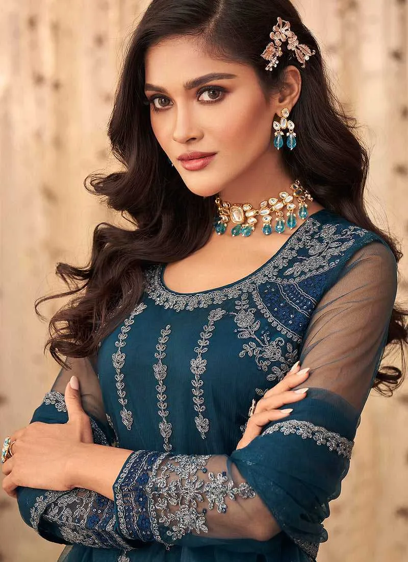 Blue Floral Embroidered Designer Pant Style Suit