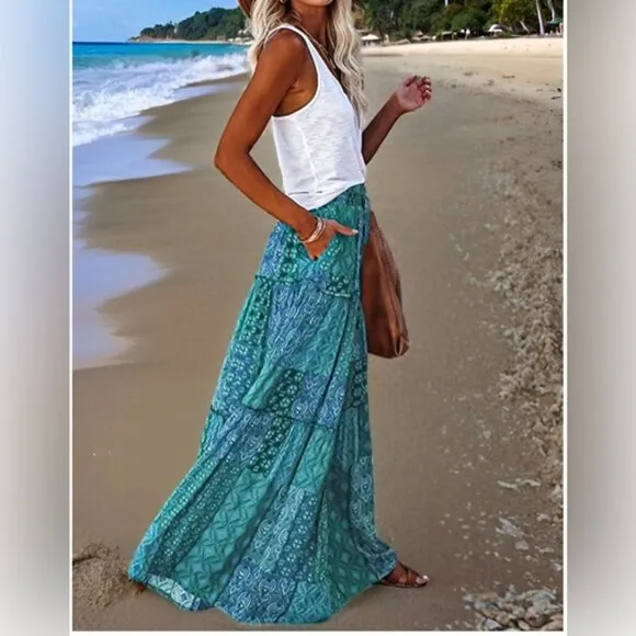 Boho Patchwork Print Maxi Skirt Red