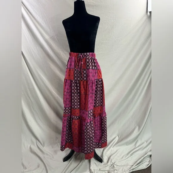 Boho Patchwork Print Maxi Skirt Red