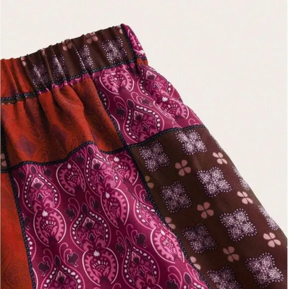 Boho Patchwork Print Maxi Skirt Red