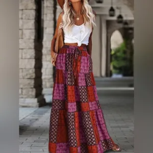 Boho Patchwork Print Maxi Skirt Red