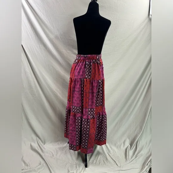 Boho Patchwork Print Maxi Skirt Red