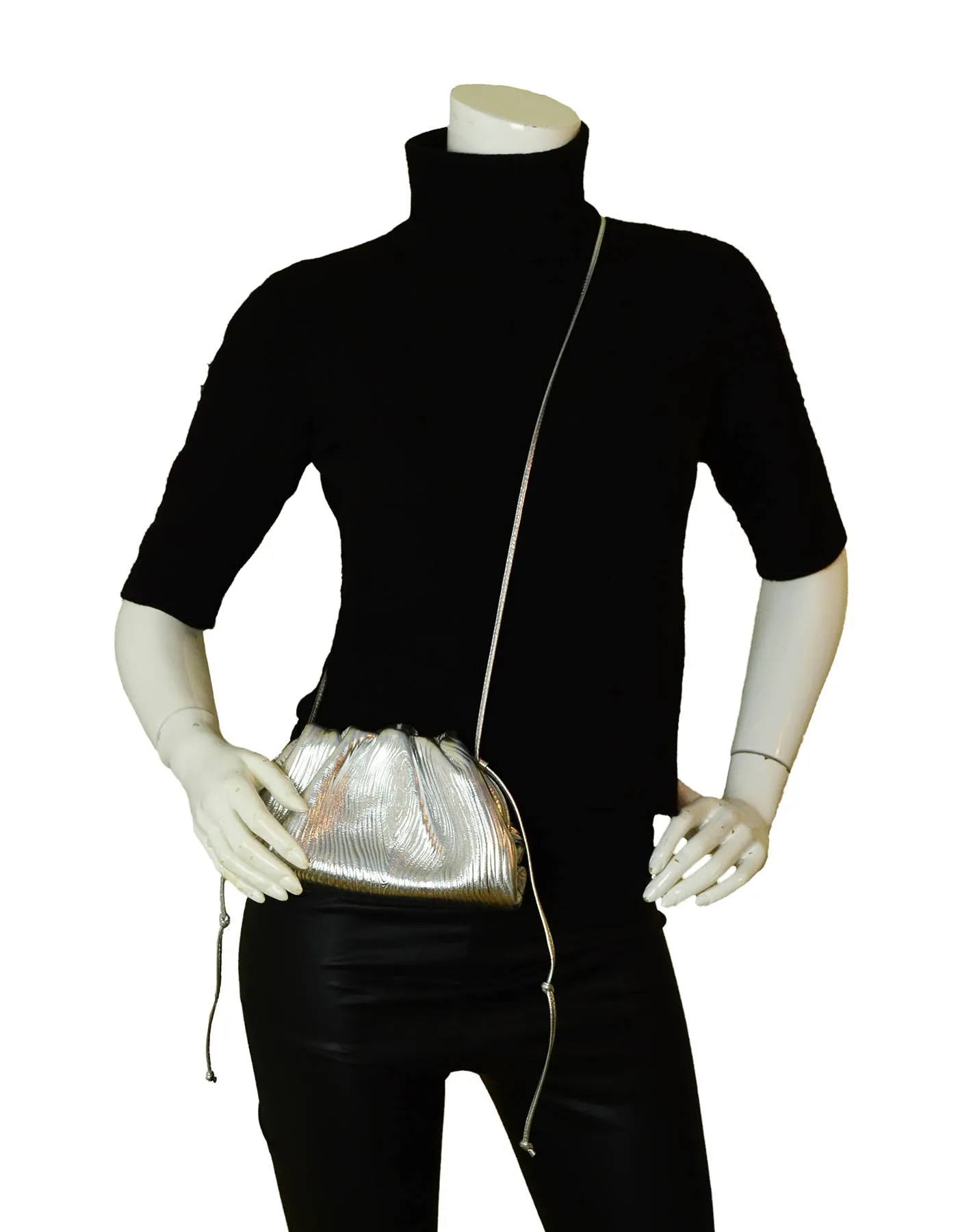 Bottega Veneta Silver Metallic Bark Embossed Mini Pouch Crossbody Bag
