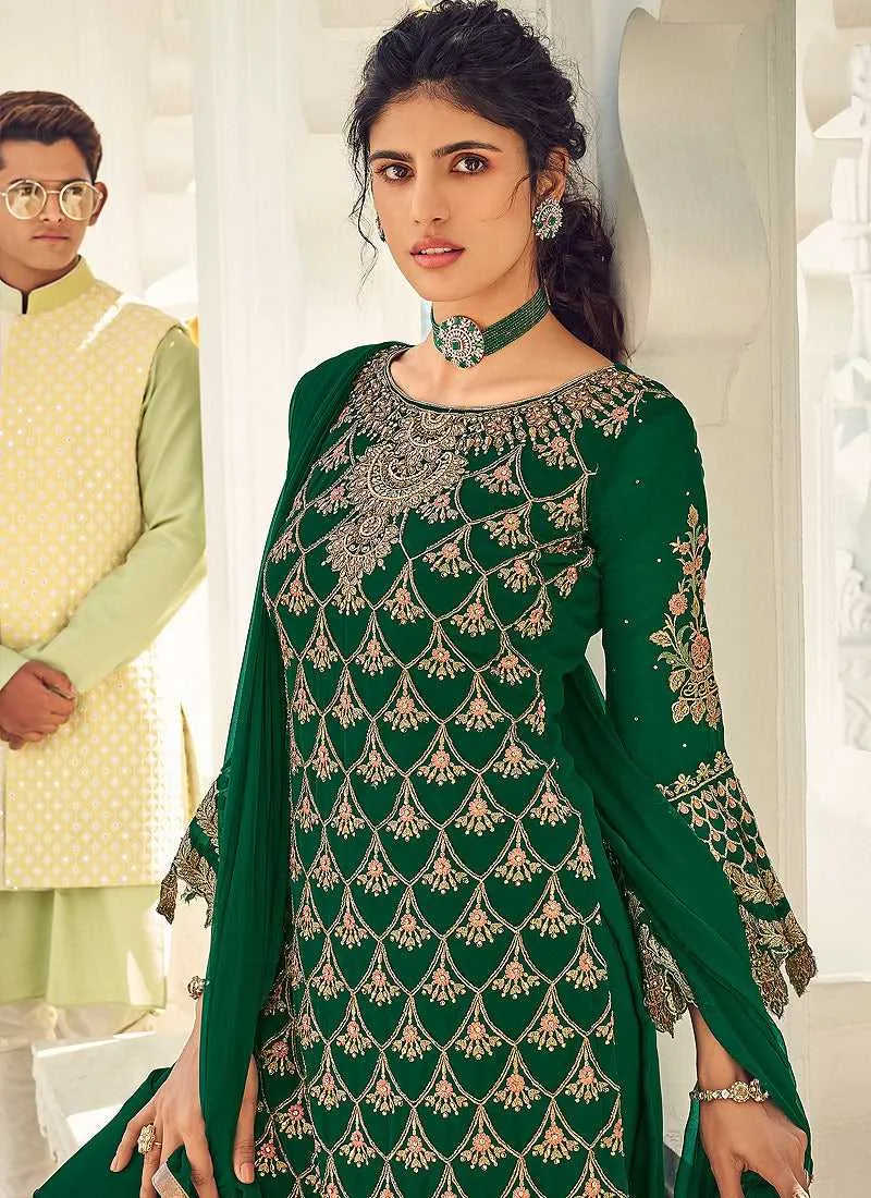 Bottle Green and Gold Embroidered Sharara Style Suit