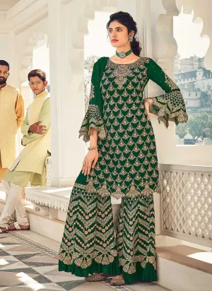 Bottle Green and Gold Embroidered Sharara Style Suit