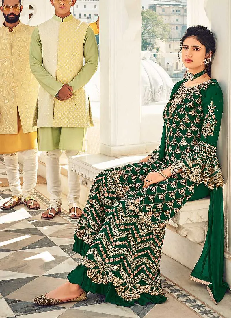 Bottle Green and Gold Embroidered Sharara Style Suit
