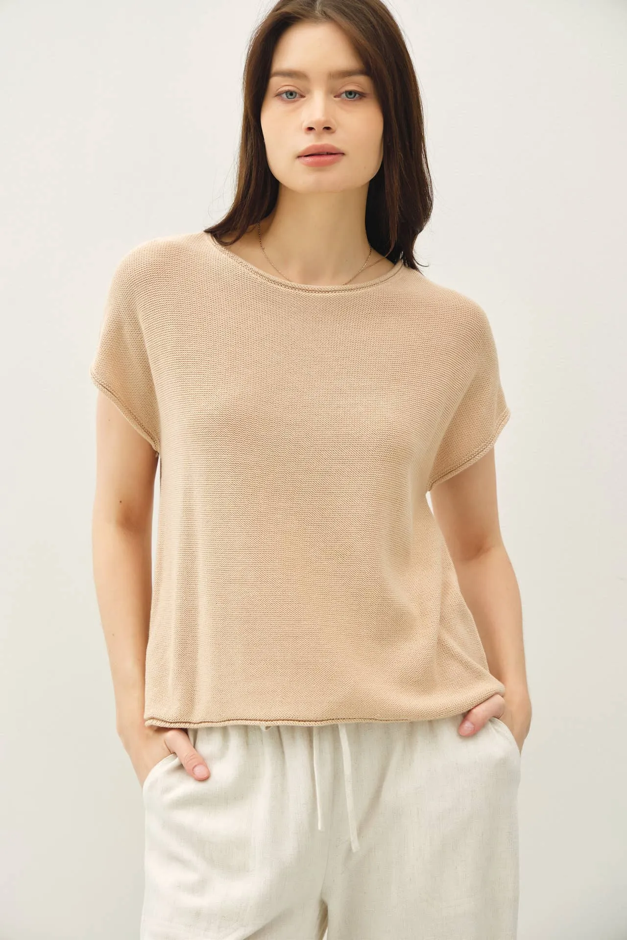 BOXY SHORT SLEEVE SWEATER W RAW SEAM