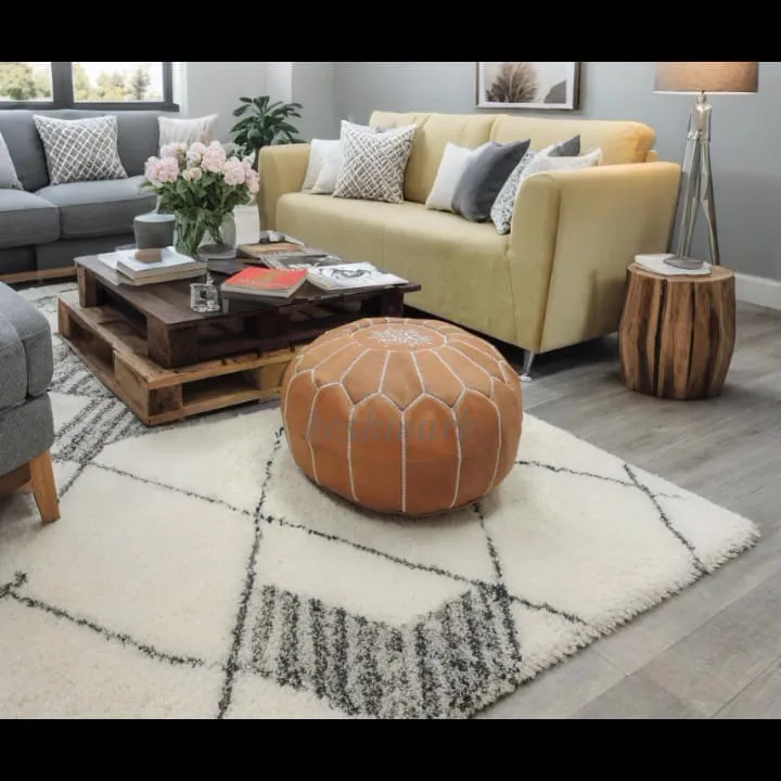 Brown Tan Pouf, Handmade Leather Pouf, Moroccan Leather Pouf - Round Berber Ottoman