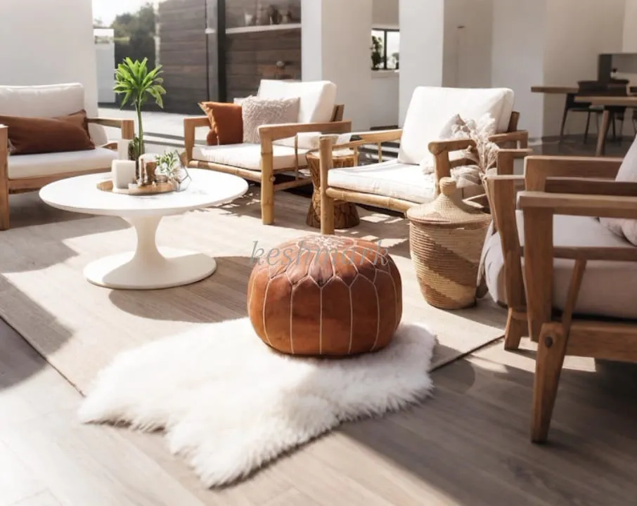 Brown Tan Pouf, Handmade Leather Pouf, Moroccan Leather Pouf - Round Berber Ottoman