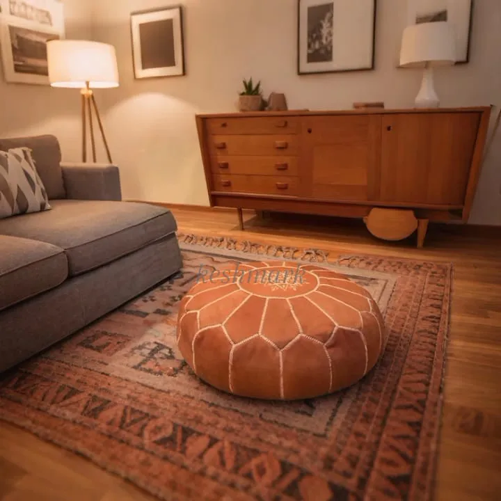 Brown Tan Pouf, Handmade Leather Pouf, Moroccan Leather Pouf - Round Berber Ottoman