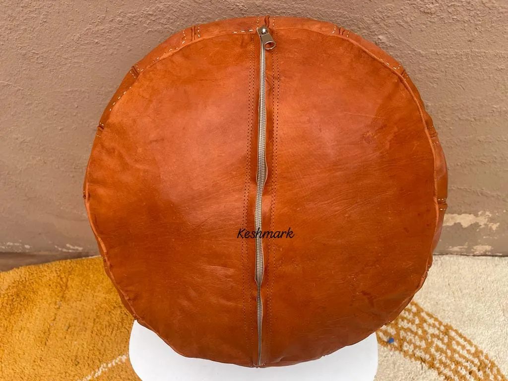Brown Tan Pouf, Moroccan Leather Pouf - Round Berber Ottoman