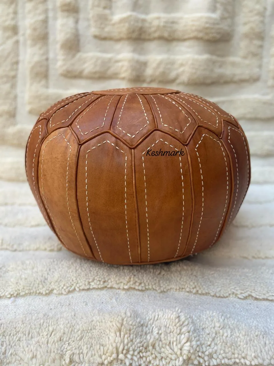 Brown Tan Pouf, Moroccan Leather Pouf - Round Berber Ottoman