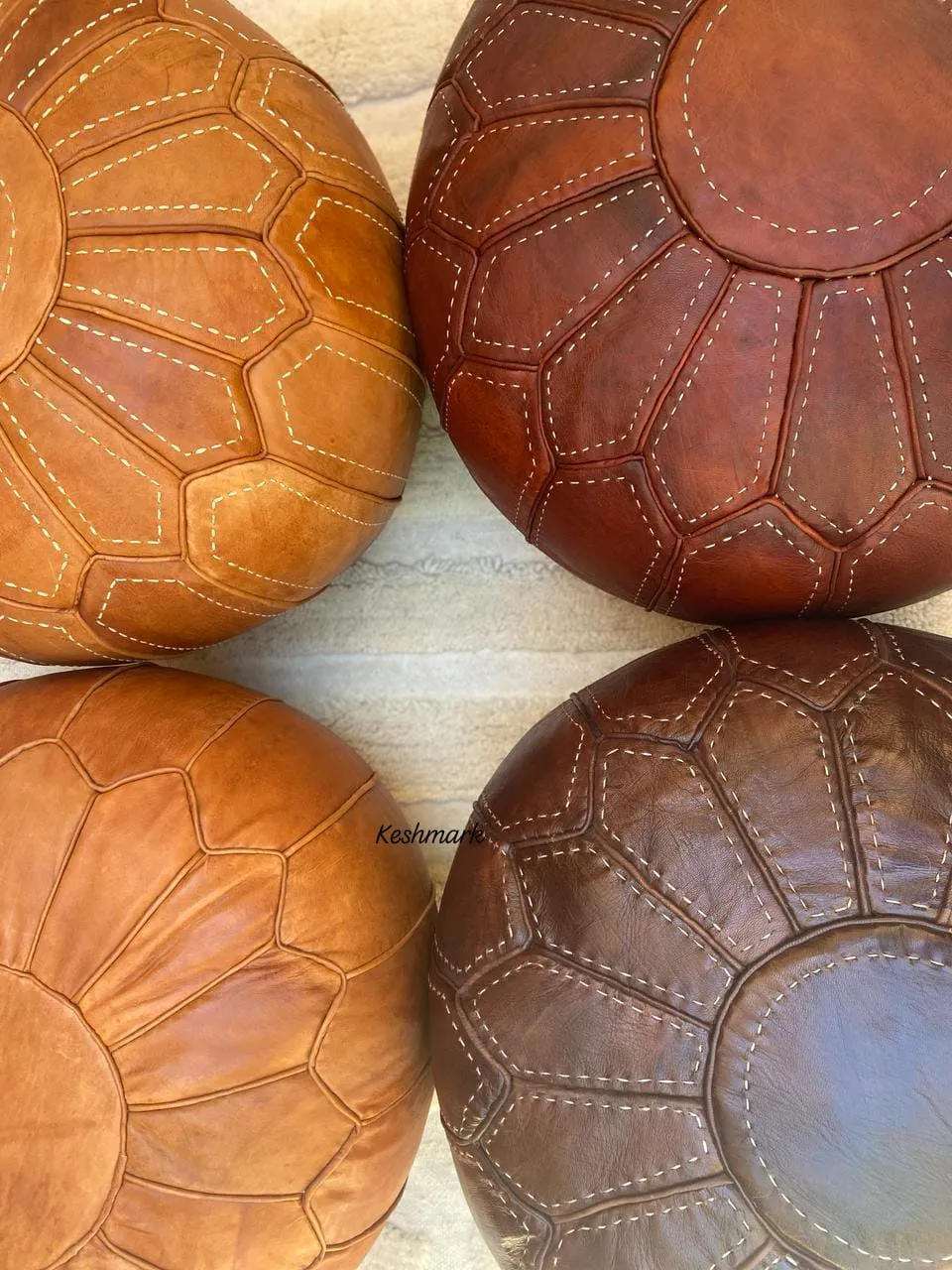 Brown Tan Pouf, Moroccan Leather Pouf - Round Berber Ottoman