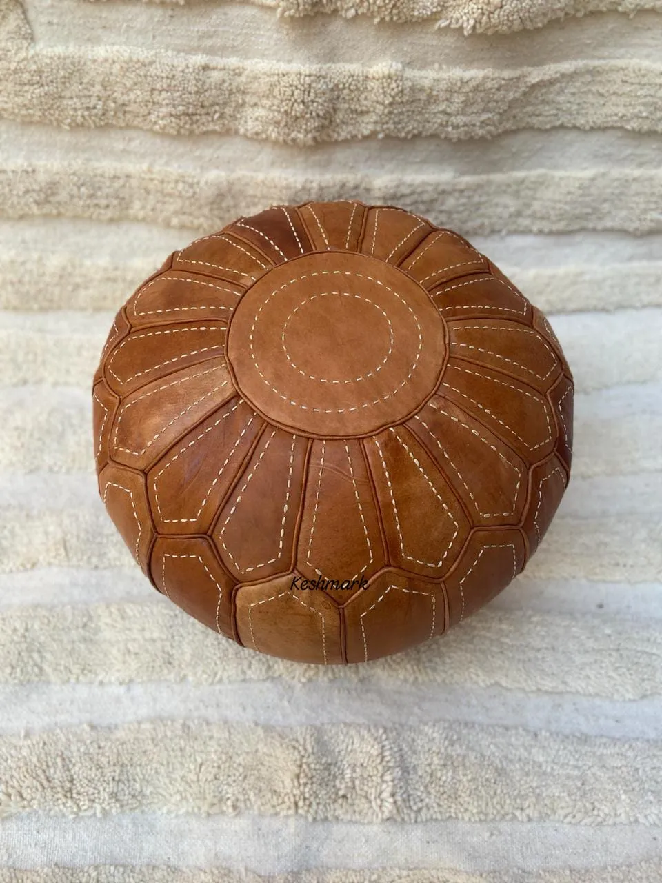 Brown Tan Pouf, Moroccan Leather Pouf - Round Berber Ottoman