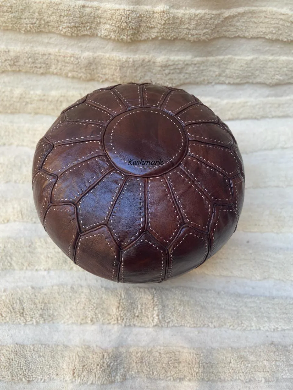 Brown Tan Pouf, Moroccan Leather Pouf - Round Berber Ottoman