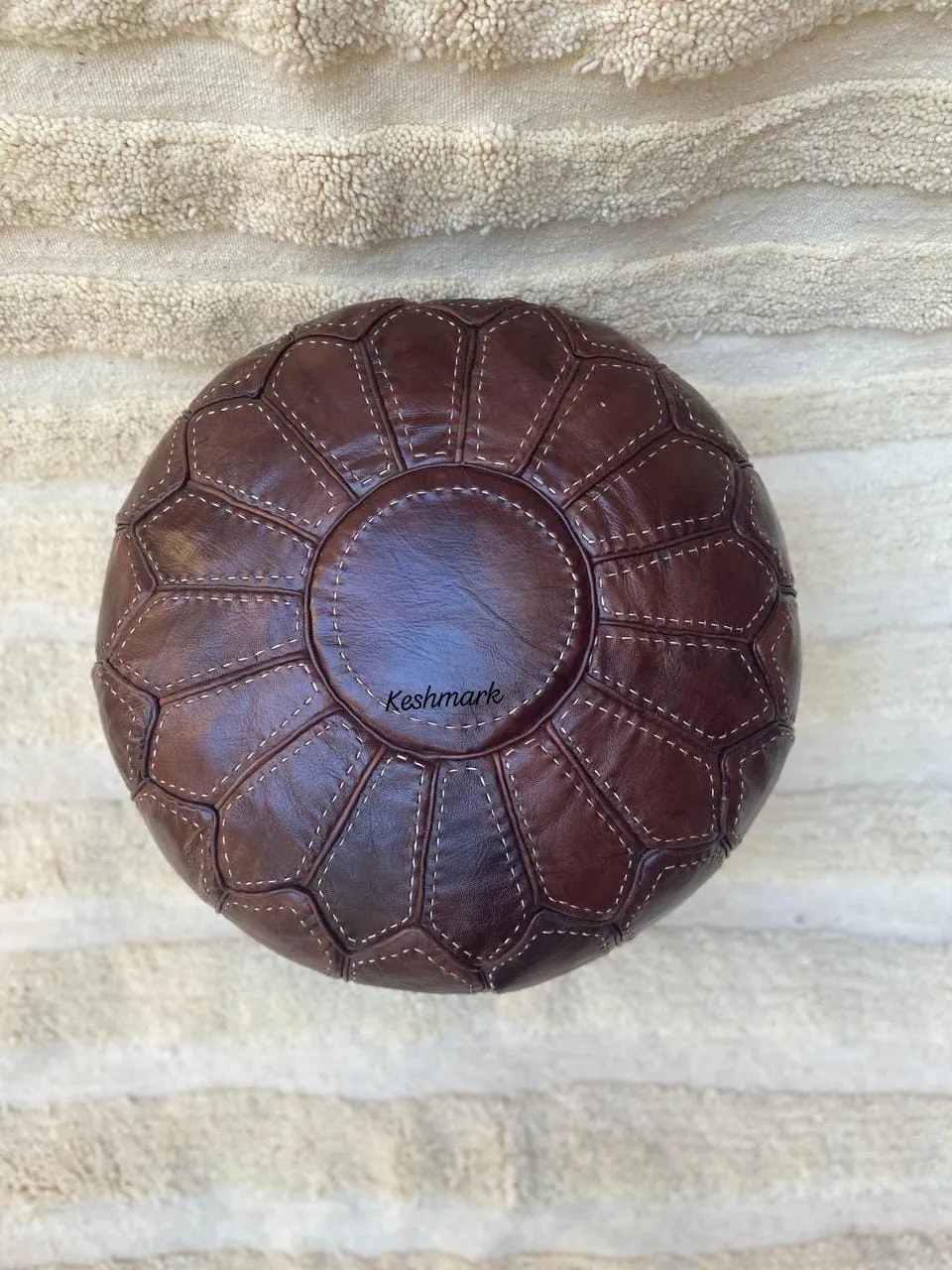 Brown Tan Pouf, Moroccan Leather Pouf - Round Berber Ottoman