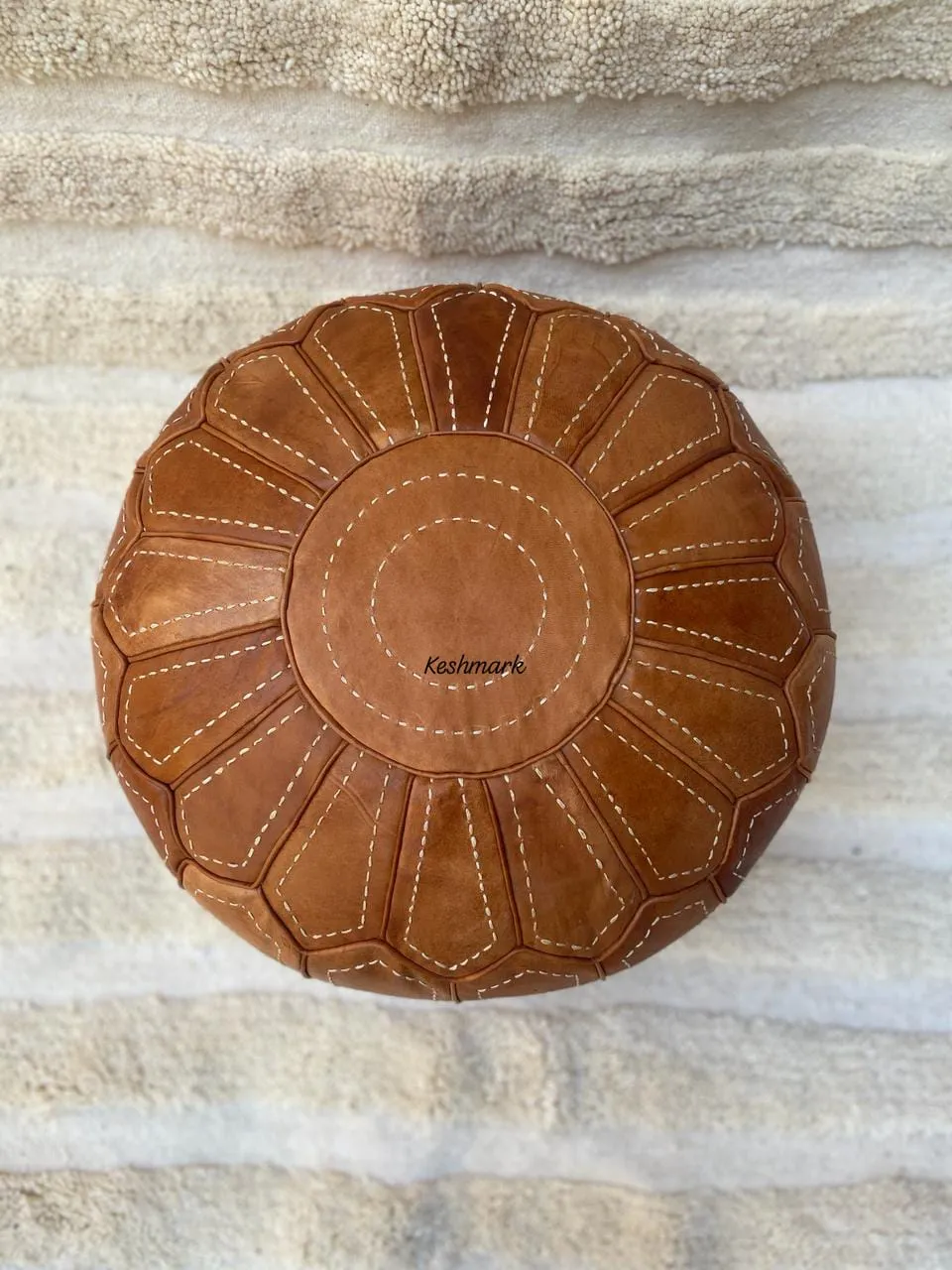 Brown Tan Pouf, Moroccan Leather Pouf - Round Berber Ottoman