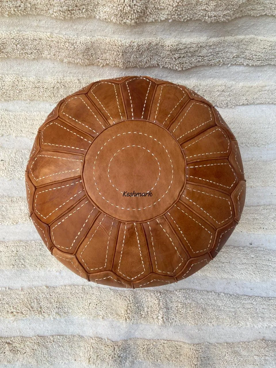 Brown Tan Pouf, Moroccan Leather Pouf - Round Berber Ottoman
