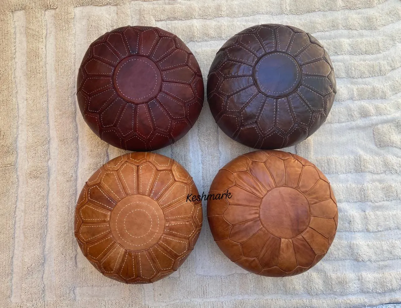 Brown Tan Pouf, Moroccan Leather Pouf - Round Berber Ottoman