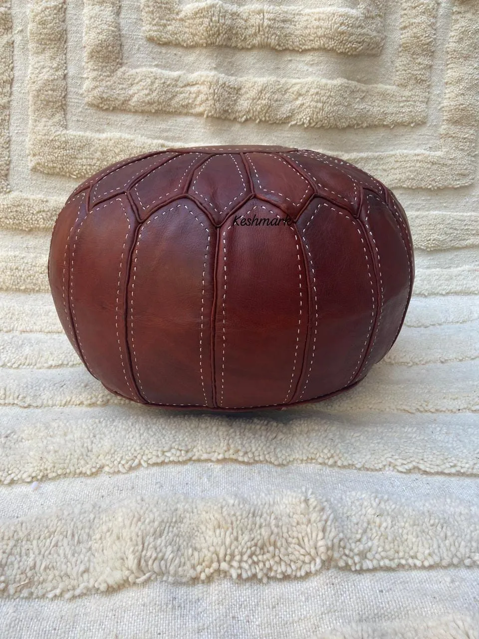 Brown Tan Pouf, Moroccan Leather Pouf - Round Berber Ottoman