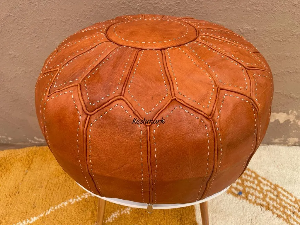 Brown Tan Pouf, Moroccan Leather Pouf - Round Berber Ottoman
