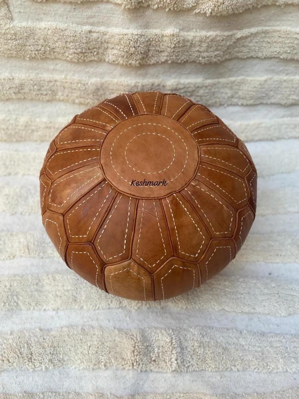 Brown Tan Pouf, Moroccan Leather Pouf - Round Berber Ottoman