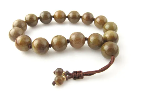 Burmese Chocolate Honey Jadeite 12mm “Grounding” Mala Silk Bracelet w/ 14kt Ends