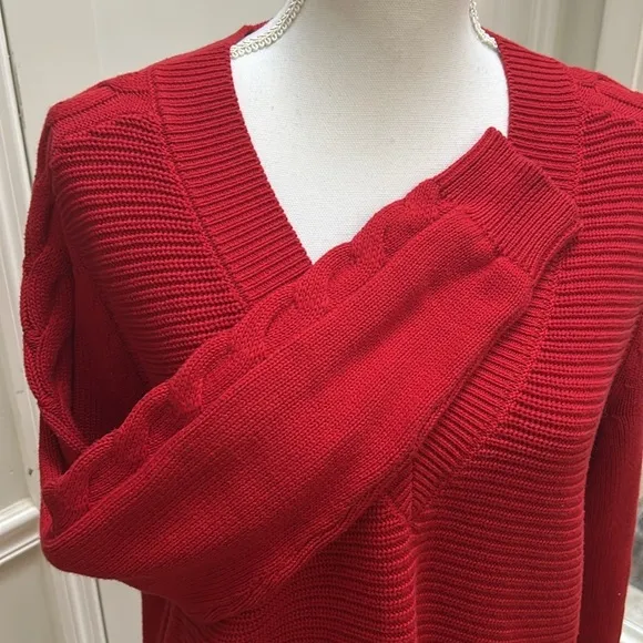Cabi Womens Standout Pullover Sweater V Neck Cable Knit Size S Loose Fit Red
