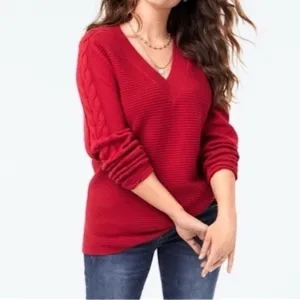 Cabi Womens Standout Pullover Sweater V Neck Cable Knit Size S Loose Fit Red
