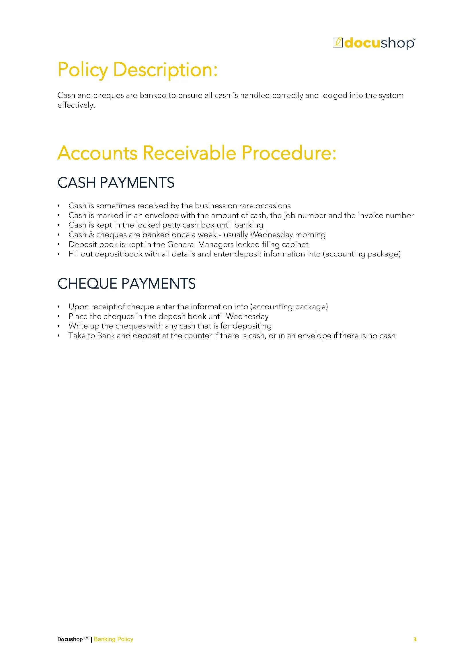 Cash & Cheques Banking Policy