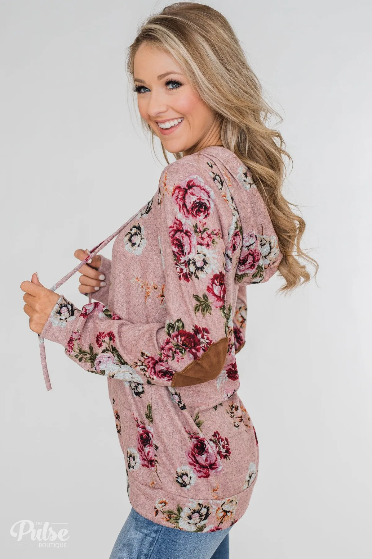 Catching Your Eye Floral Elbow Patch Hoodie- Pink