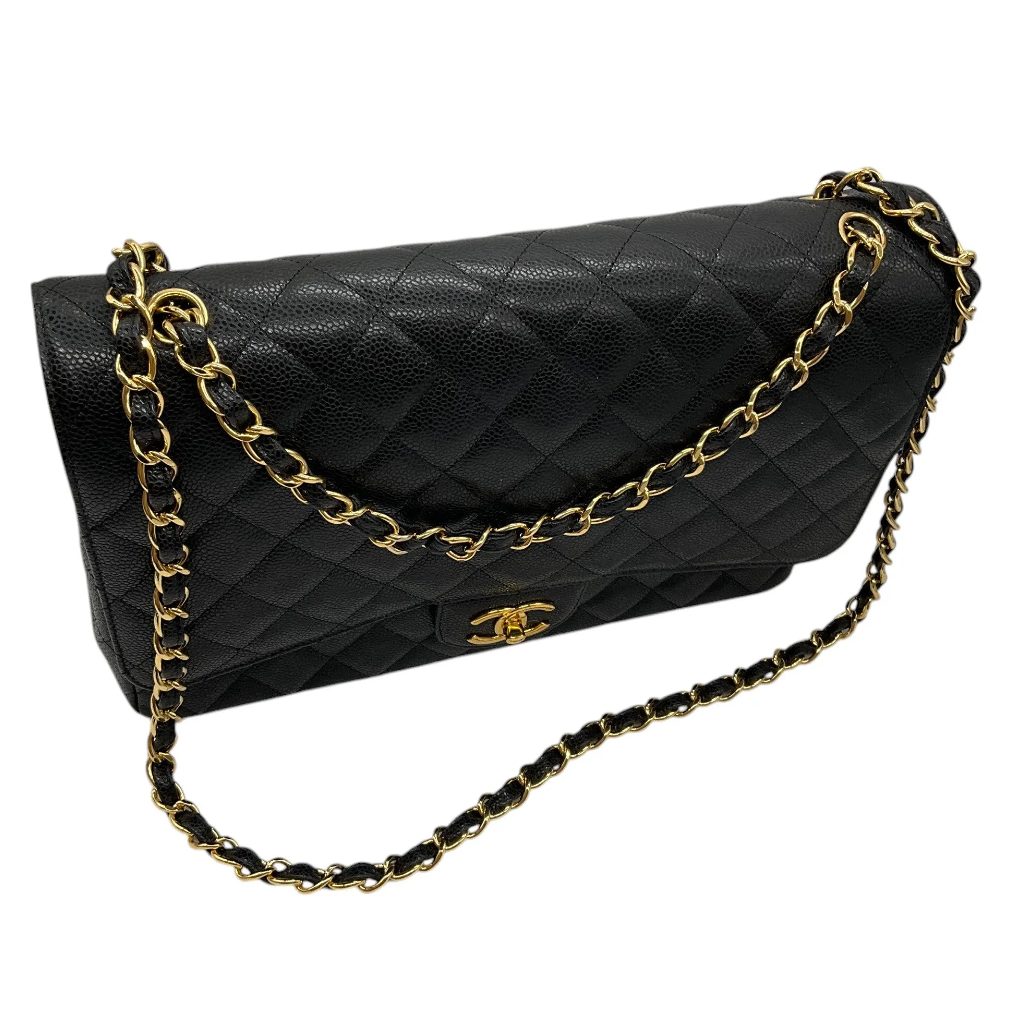 Chanel Black 2015 Quilted Caviar Leather Maxi Double Classic Flap Bag