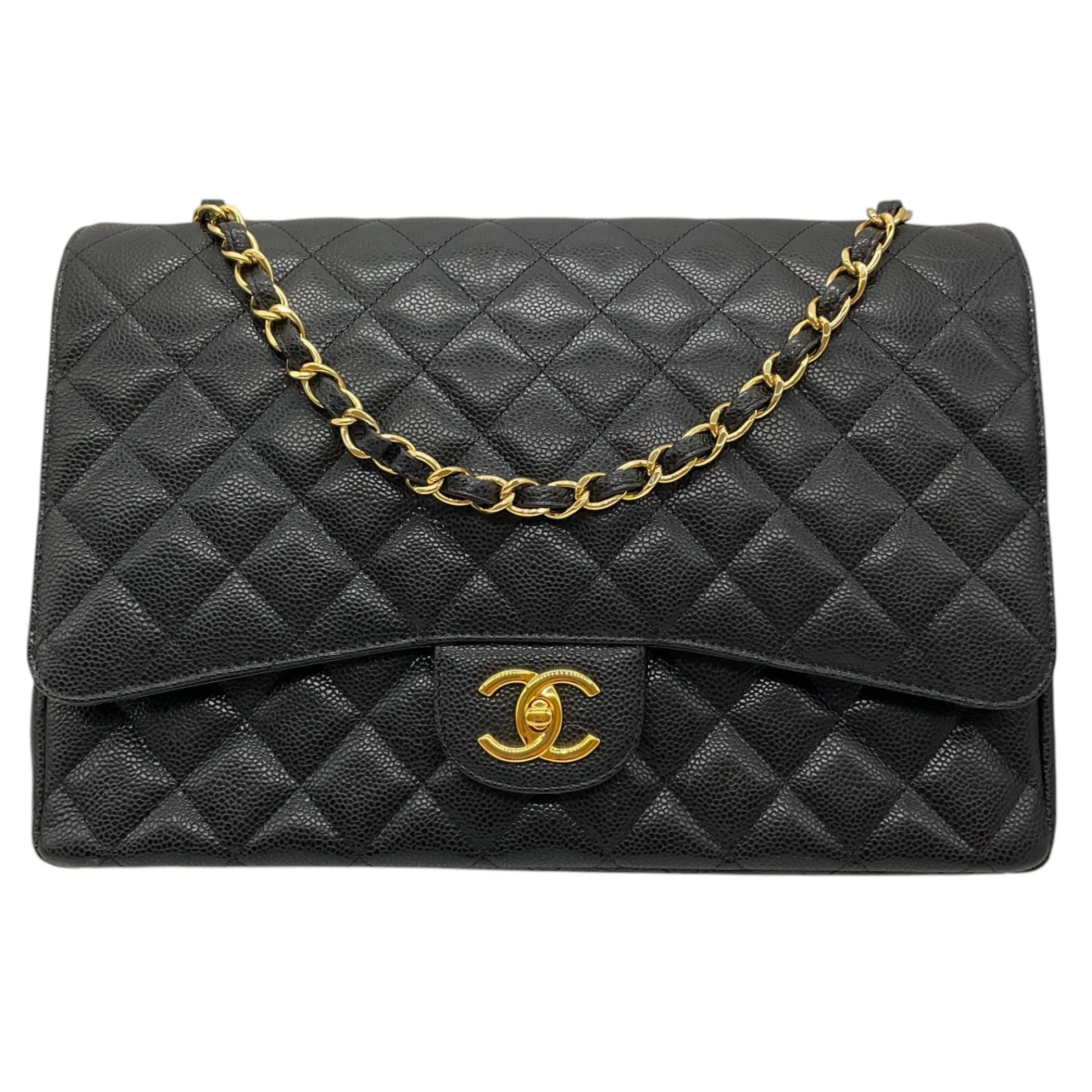 Chanel Black 2015 Quilted Caviar Leather Maxi Double Classic Flap Bag