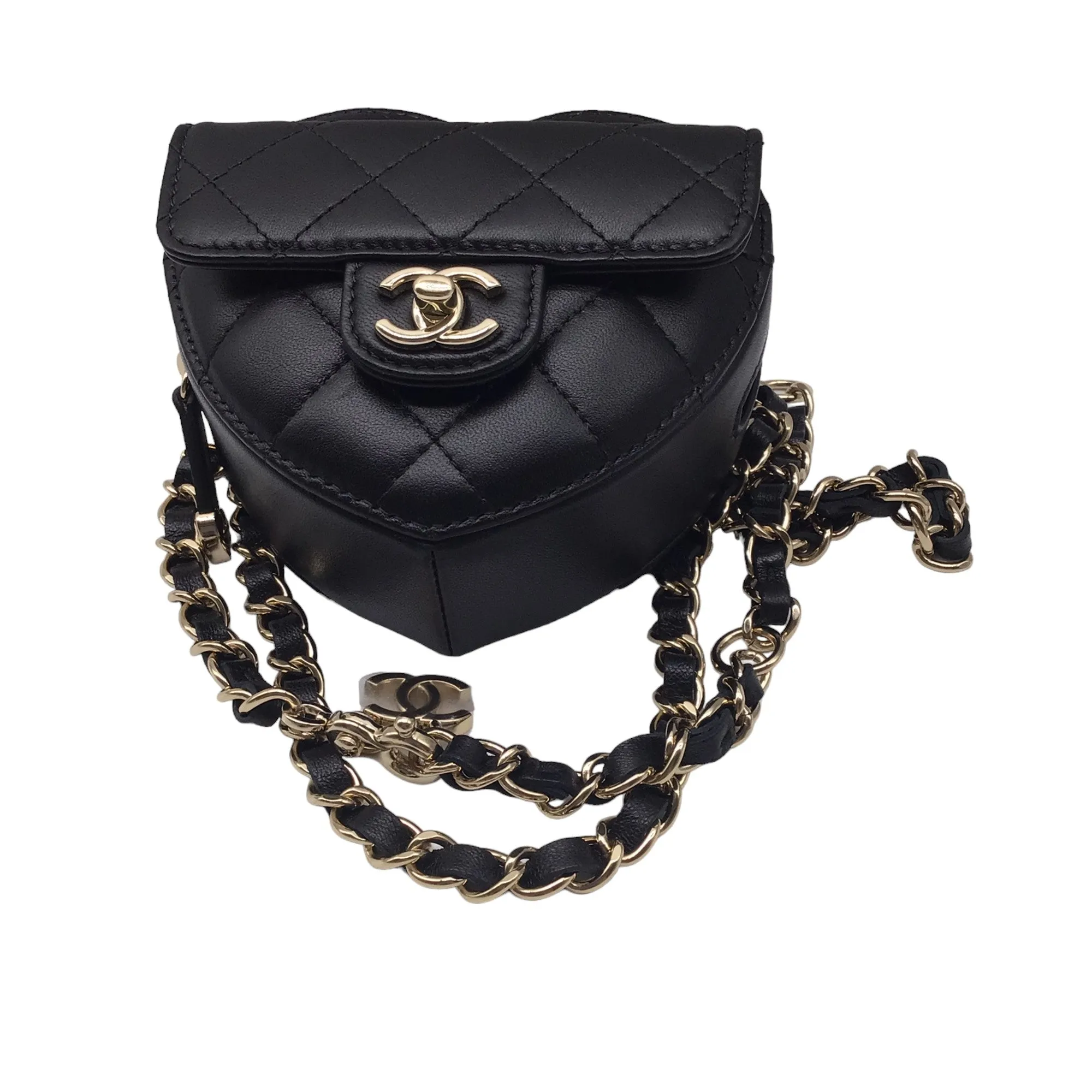 Chanel Black 2022 Quilted Lambskin Leather Mini Heart Handbag