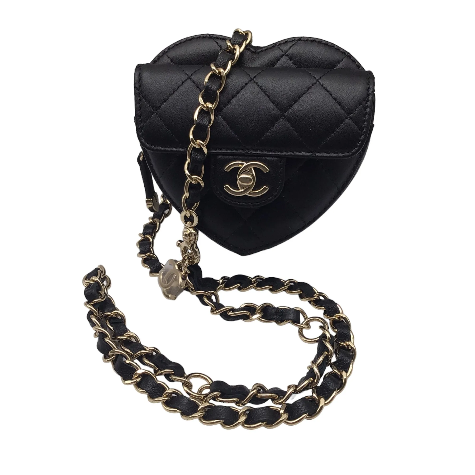 Chanel Black 2022 Quilted Lambskin Leather Mini Heart Handbag
