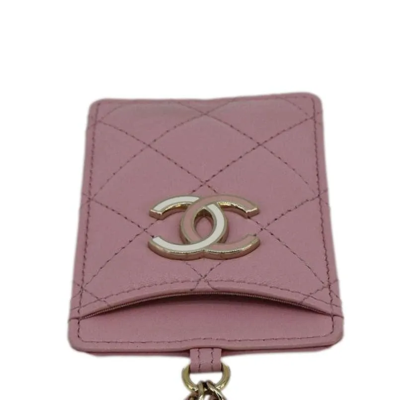 CHANEL CC Quilted Lambskin Leather Chain ID Card Holder Pink
