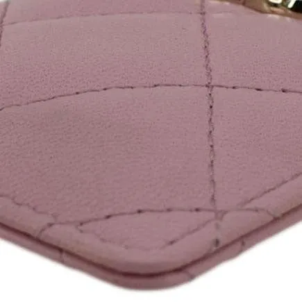 CHANEL CC Quilted Lambskin Leather Chain ID Card Holder Pink