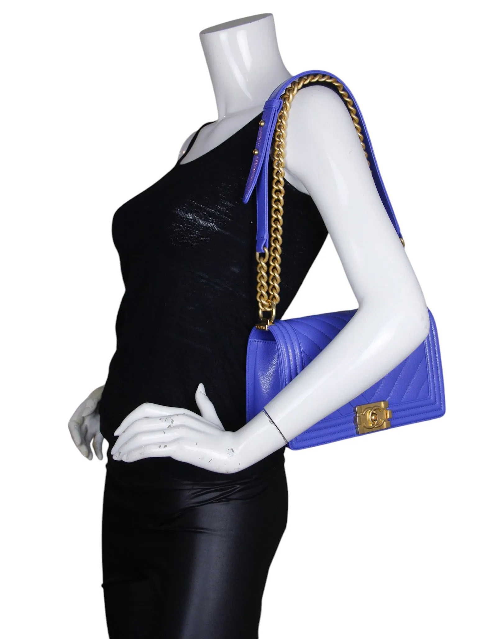 Chanel Cobalt Caviar Chevron Quilted Medium Boy Bag