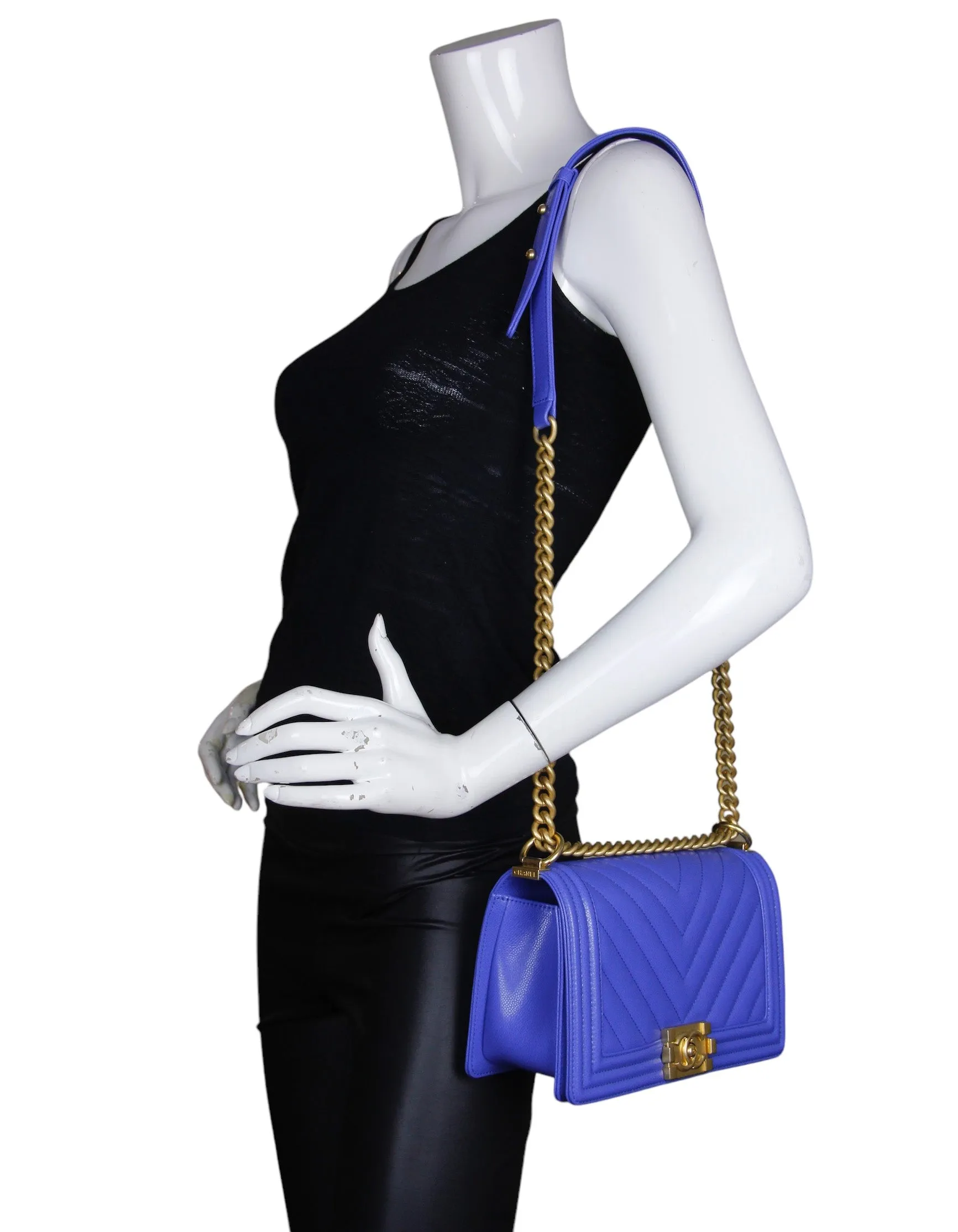 Chanel Cobalt Caviar Chevron Quilted Medium Boy Bag